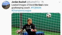 Mungkin penampilan De Gea di Camp Nou hasil latihan dipimpin Loris Karius, yang terkenal blunder buat Liverpool di final Liga Champions musim lalu. (Foto: Twitter @Bushell17J)