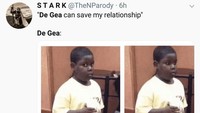 De Gea kira-kira bisa menyelamatkan hubungan asmara seseorang tidak ya? Menjaga gawang dari tendangan Messi saja tidak bisa. (Foto: Twitter @TheNParody)