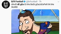 De Gea membuat blunder terkait gol kedua Barcelona di Camp Nou, Rabu (17/4/2019) dini hari WIB. Ia gagal membendung sepakan Lionel Messi. Bola melewati celah tangannya dan masuk ke gawang Setan Merah. Blunder itu mengejek De Gea, yang disebut-sebut salah satu kiper terbaik dunia saat ini. (Foto: Twitter @brfootball)