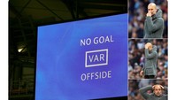 Beginilah ragam ekspresi Pep Guardiola saat VAR membatalkan gol timnya. Foto: istimewa