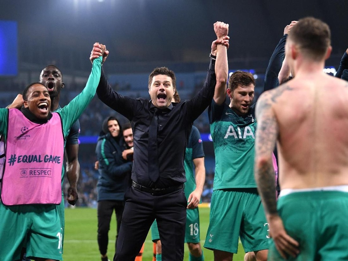 Tottenham Hotspur merayakan keberhasilan menyingkirkan Manchester City di perempatfinal Liga Champions. (Foto: Laurence Griffiths/Getty Images)
