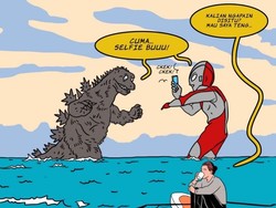 Godzila Ngajak Ribut Ultraman, Menteri Susi Asyik Ngopi di Ilustrasi Ini