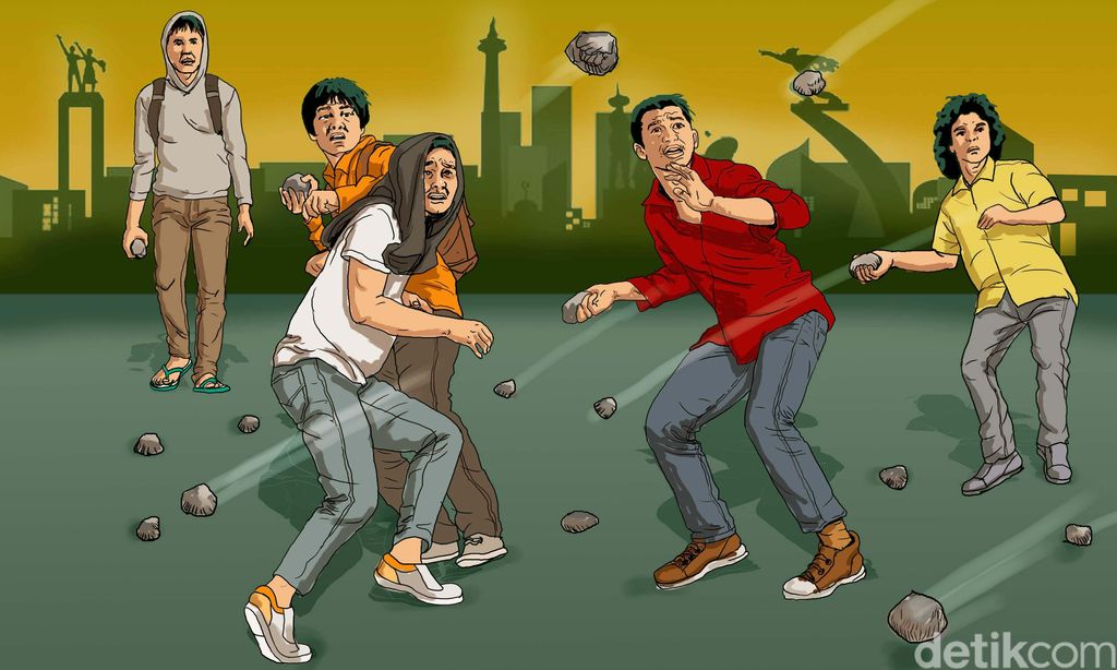 pemuda melempar Batu pada musuhnya