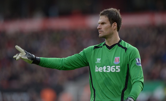 STOKE ON TRENT, ENGLAND - OCTOBER 19:  Asmir Begovic of Stoke City during the Premier League match between Stoke City and Swansea City at Britannia Stadium on October 19, 2014 in Stoke on Trent, England.  (Photo by Gareth Copley/Getty Images)