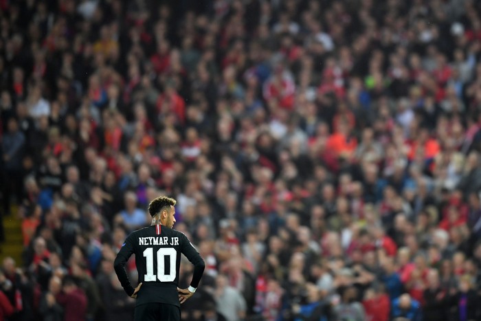 Liverpool v Paris Saint-Germain - UEFA Champions League Group C
LIVERPOOL, ENGLAND - SEPTEMBER 18: Neymar of Paris Saint-Germain looks on during the Group C match of the UEFA Champions League between Liverpool and Paris Saint-Germain at Anfield on September 18, 2018 in Liverpool, United Kingdom. (Photo by Michael Regan/Getty Images)