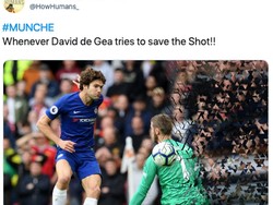 De Gea gagal menjaga keunggulan MU atas Chelsea di Old Trafford, Minggu (28/4/2019). Kesalahannya mengantisipasi bola tendangan Antonio Ruediger dimanfaatkan Marcos Alonso untuk membawa Chelsea menyamakan skor. Performa De Gea yang hebat sirna bak dijentikkan jari oleh Thanos, karakter film Avengers. (Foto: Internet/Twitter)