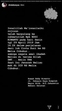 Ucapan duka dari Dinda Kanya Dewi untuk Eddy Riwanto