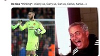 De Gea dianggap salah persepsi soal perintah manajer Ole Gunnar Solskjaer. Harusnya tampil bagus, ia malah menganggap disuruh tampil seperti Loris Karius, kiper Liverpool yang terkenal dengan blundernya di final Liga Champions musim lalu. (Foto: Internet/Twitter)
