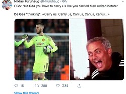 De Gea dianggap salah persepsi soal perintah manajer Ole Gunnar Solskjaer. Harusnya tampil bagus, ia malah menganggap disuruh tampil seperti Loris Karius, kiper Liverpool yang terkenal dengan blundernya di final Liga Champions musim lalu. (Foto: Internet/Twitter)