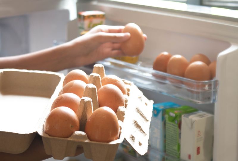 In the hands of a woman packing eggs in the supermarket