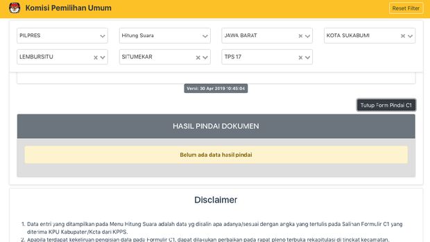 KPU Input Kemenangan Jokowi di Sukabumi Tanpa Lampiran C1