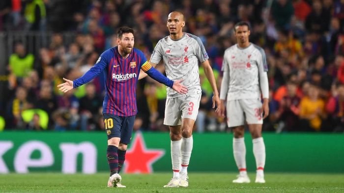 lionel messi fabinho barcelona vs liverpool semifinal liga champions 2018/2019 BARCELONA, SPAIN - MAY 01: Lionel Messi of Barcelona reacts during the UEFA Champions League Semi Final first leg match between Barcelona and Liverpool at the Nou Camp on May 01, 2019 in Barcelona, Spain. (Photo by Michael Regan/Getty Images)
