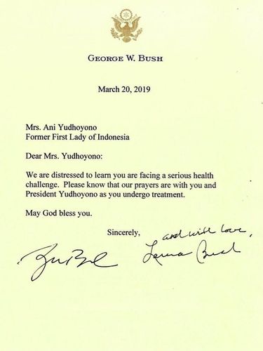 Mantan Presiden AS George W Bush Kirim Surat, Doakan Ani Yudhoyono Sembuh