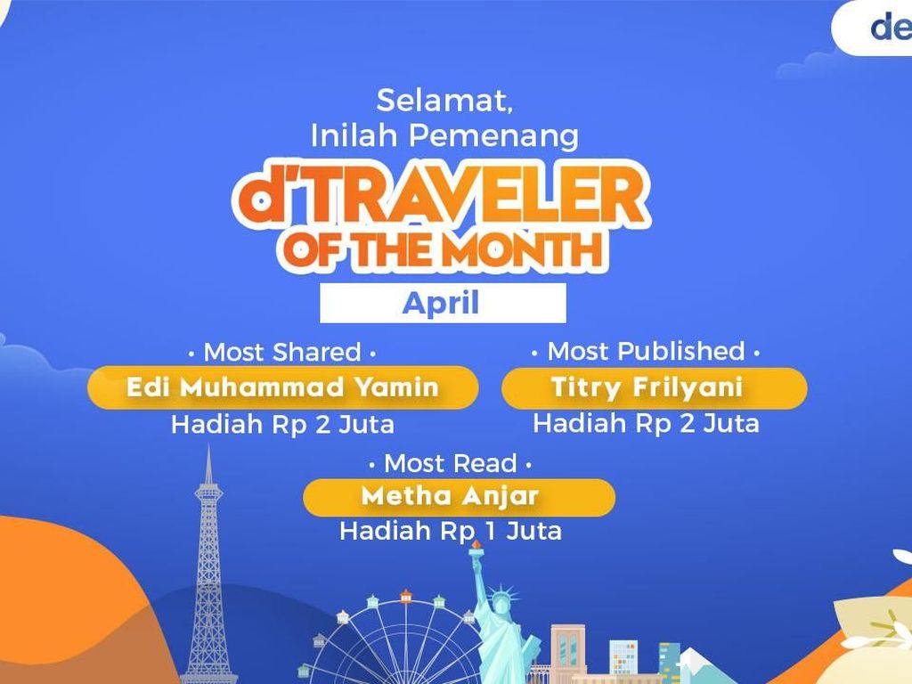 dTraveler of The Month Kini Berhadiah Jutaan Rupiah! Ini Juara Bulan April dTraveler of The Month Kini Berhadiah Jutaan Rupiah! Ini Juara Bulan April