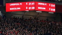 Pada leg 2, Liverpool comeback di Anfield. Kemenangan 4-0 dipetik untuk membalikkan keadaan sekaligus melaju ke babak final dengan melewati Barca lewat agregat 4-3. Foto: Carl Recine/Action Images via Reuters