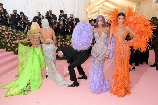 (L-R) Models Kylie Jenner, Kendall Jenner, singer Jennifer Lopez and designer Donatella Versace arrive for the 2019 Met Gala at the Metropolitan Museum of Art on May 6, 2019, in New York. - The Gala raises money for the Metropolitan Museum of Art’s Costume Institute. The Gala's 2019 theme is “Camp: Notes on Fashion