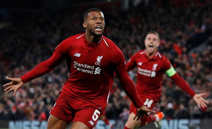 Soccer Football - Champions League Semi Final Second Leg - Liverpool v FC Barcelona - Anfield, Liverpool, Britain - May 7, 2019  Liverpools Georginio Wijnaldum celebrates scoring their third goal with Jordan Henderson   REUTERS/Phil Noble
