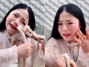 Wajah Bintang Mukbang Hampir Rusak Disedot Gurita yang Akan Dimakannya