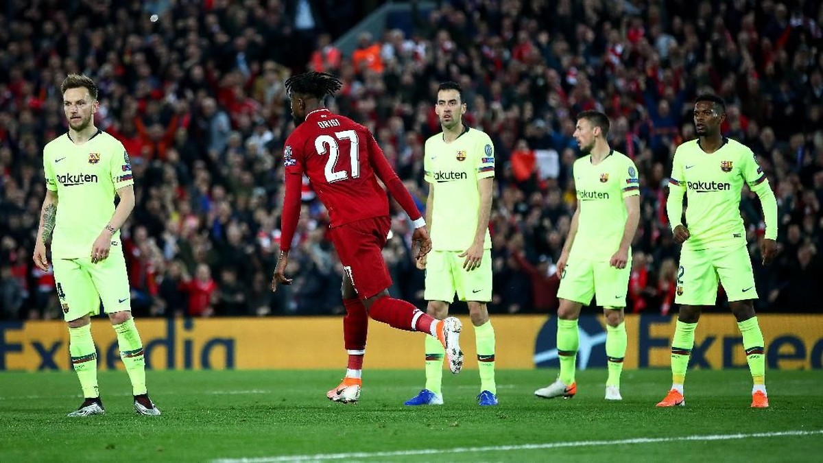 Divock Origi merayakan gol ke gawang Barcelona. (Foto: Clive Brunskill/Getty Images