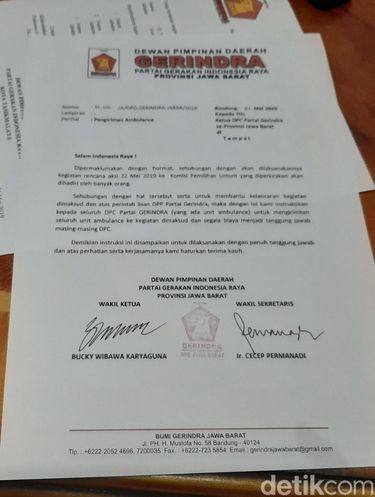 Ini Surat Instruksi Gerindra Jabar Kirim Ambulans untuk Aksi 22 Mei