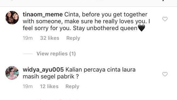 Komentar netizen di Instagram Cinta Laura