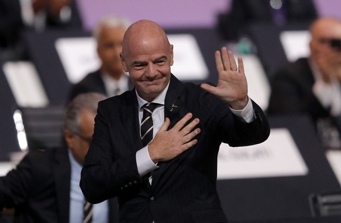 PARIS, FRANCE - JUNE 05: FIFA President Gianni Infantino walks back on stage after being re-elected as President during the 69th FIFA Congress at the Paris Expo Porte de Versailles on June 05, 2019 in Paris, France. (Photo by Richard Heathcote/Getty Images)
