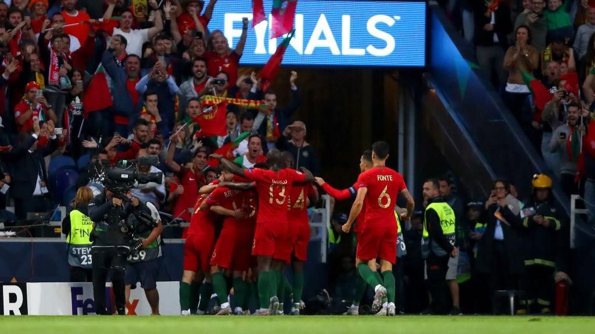 Timnas Portugal merayakan gol Goncalo Guedes yang menjadi penentu kemenangan 1-0 atas Belanda di final UEFA Nations League. (Foto: Dean Mouhtaropoulos/Getty Images)