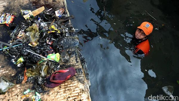 Aksi Pasukan Oranye Bersihkan Sisa Sampah Lebaran di Muara Angke