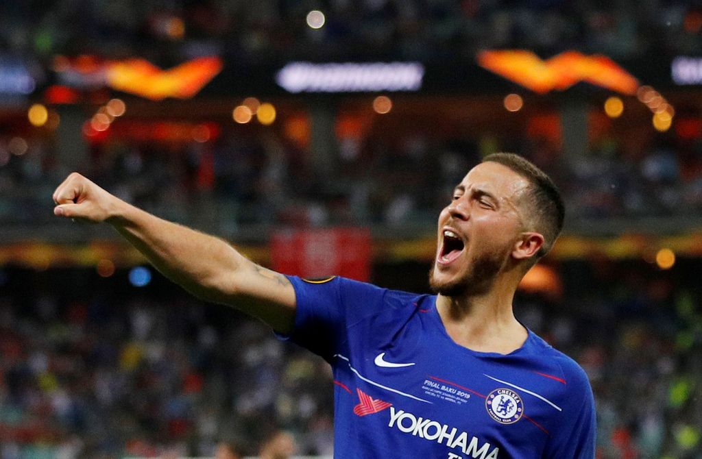 FILE PHOTO: Soccer Football - Europa League Final - Chelsea v Arsenal - Baku Olympic Stadium, Baku, Azerbaijan - May 29, 2019  Chelsea's Eden Hazard celebrates scoring their fourth goal    REUTERS/Phil Noble/File Photo