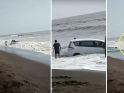 Malang Betul, Mobil Ini Terjebak di Bibir Pantai