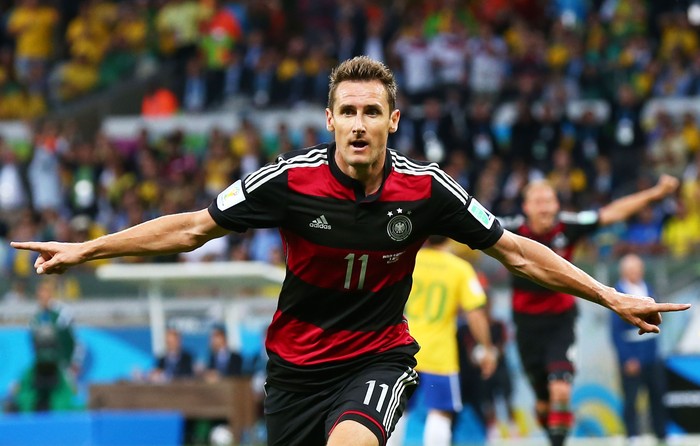 BELO HORIZONTE, BRAZIL - JULY 08:  Miroslav Klose of Germany celebrates scoring his team's second goal during the 2014 FIFA World Cup Brazil Semi Final match between Brazil and Germany at Estadio Mineirao on July 8, 2014 in Belo Horizonte, Brazil.  (Photo by Robert Cianflone/Getty Images)