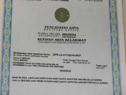 Unik! Orang Tua di Bekasi Beri Nama Anaknya Google