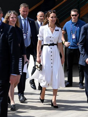LONDON, ENGLAND - JULY 02: Catherine, Duchess of Cambridge and British tennis player Katie Boulter attend Day two of The Championships - Wimbledon 2019 at All England Lawn Tennis and Croquet Club on July 02, 2019 in London, England. (Photo by Mike Hewitt/Getty Images)