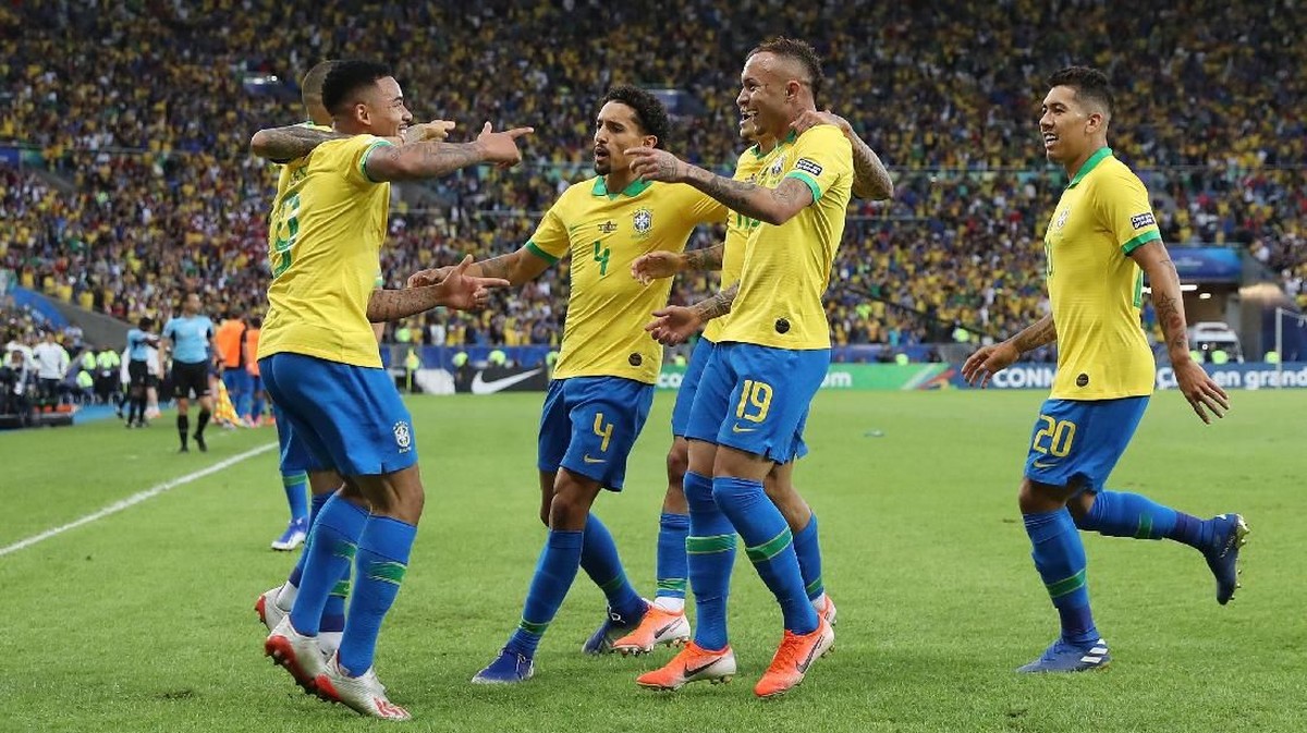 Pemain Brasil merayakan gol ke gawang Peru di final Copa America 2019. (Foto: Buda Mendes/Getty Images)