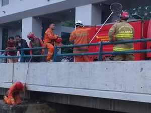 Saat Petugas Damkar Jaktim Evakuasi Bola Voli Milik Warga yang Nyebur ke BKT