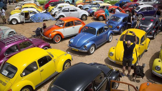 FILE - In this April 21, 2017 file photo, Volkswagen Beetles are displayed during the annual gathering of the 