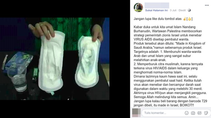 Viral Hoax Zionis Israel Sebar HIV-AIDS di Pembalut Wanita
