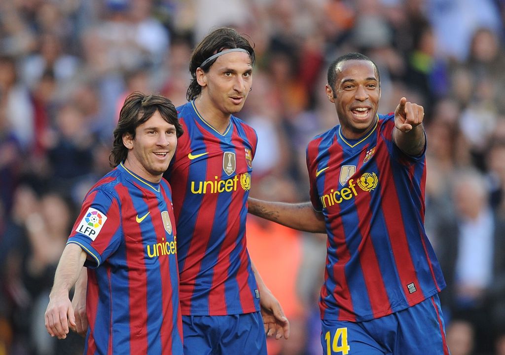 BARCELONA, SPAIN - APRIL 24:  Lionel Messi (L), Zlatan Ibrahimovic (C) and Thierry Henry of Barcelona celebrate after Ibrahimovic scored his team's third goal during the La Liga match between Barcelona and Xerez CD at Camp Nou stadium on April 24, 2010 in Barcelona, Spain.  (Photo by Denis Doyle/Getty Images)