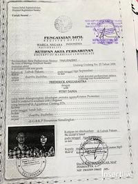 Surat catatan sipil pernikahan Pablo Benua & Nia April Silalahi
