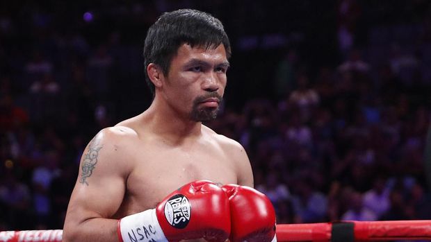 Manny Pacquiao prepares to fight Keith Thurman in a welterweight title fight Saturday, July 20, 2019, in Las Vegas. (AP Photo/John Locher)