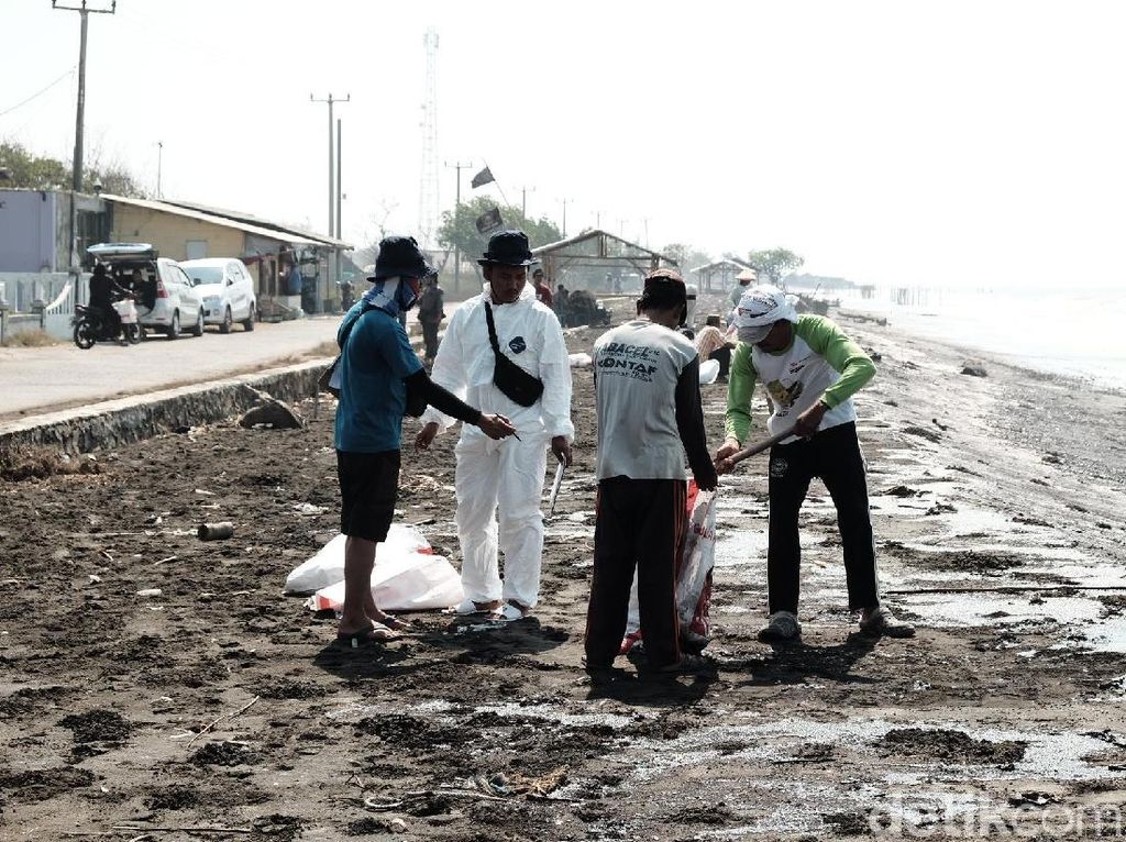 Pertamina Bersihkan Tumpahan Minyak di Pesisir Pantai Karawang Pertamina Bersihkan Tumpahan Minyak di Pesisir Pantai Karawang