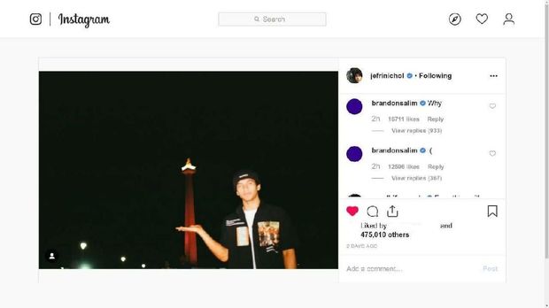 Komentar Brandon Salim dalam Unggahan Instagram Jefri Nichol