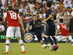 Gareth Bale mencetak gol untuk membantu Real Madrid mengalahkan Arsenal lewat adu penalti 3-2 di laga ICC 2019. Kedua tim bermain seri 2-2 di waktu normal. Amber Searls-USA TODAY Sports.
