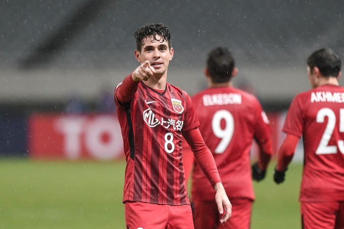 SHANGHAI, CHINA - FEBRUARY 20: Oscar #8 of Shanghai SIPG celebrates a goal during the 2018 AFC Champions League Group F match between Shanghai SIPG and Melbourne Victory at Shanghai Stadium on February 20, 2018 in Shanghai, China. (Photo by VCG/Getty Images )