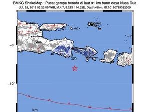 Gempa M 4,7 Terjadi di Barat Daya Nusa Dua