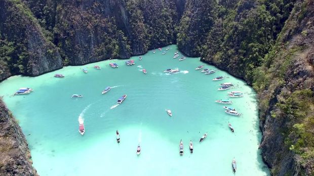 Aerial View of the famous Pileh Lagoon. The small and beautiful Bay is located within the Island Ko Phi Phi Leh just south of the main Island Ko Phi Phi Don.
