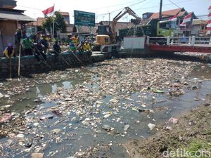 Tumpukan Sampah Sepanjang 350 Meter di Sungai Sidoarjo Dibersihkan