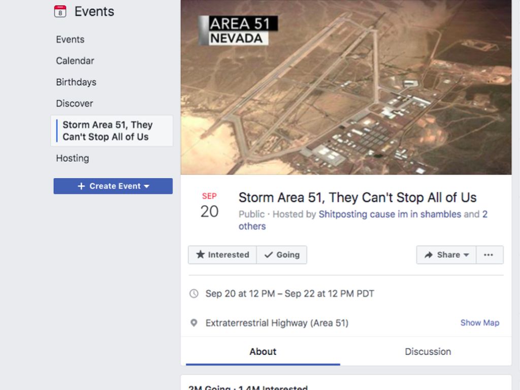 Sempat Dihapus Facebook, Undangan Serbu Area 51 Muncul Lagi Sempat Dihapus Facebook, Undangan Serbu Area 51 Muncul Lagi