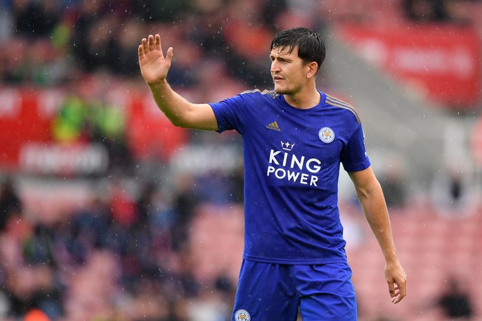 Harry Maguire STOKE ON TRENT, ENGLAND - JULY 27: Harry Maguire of Leicester looks on during the Pre-Season Friendly match between Stoke City and Leicester City at the Bet365 Stadium on July 27, 2019 in Stoke on Trent, England. (Photo by Michael Regan/Getty Images)