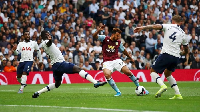 LONDON, ENGLAND - AUGUST 10: Trezeguet of Aston Villa shoots during the Premier League match between Tottenham Hotspur and Aston Villa at Tottenham Hotspur Stadium on August 10, 2019 in London, United Kingdom. (Photo by Julian Finney/Getty Images)